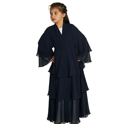 Chiffon layered Open Abaya Dubai Kaftan Muslim Cardigan Abayas Dresses For Girls Casual Robe Kimono Islam Clothing - color: Black, size: 9-10 Years