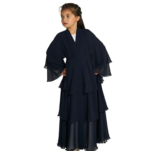 IDOPIP Muslim Girls Abayas Dress for Kids Long Sleeve Chiffon Islamic Kaftan Robe Open Front Cardigan Prayer Dress with Hijab - color: Black, size: 13-14 Years