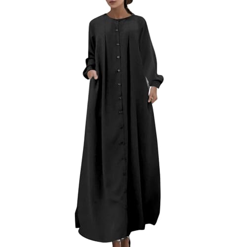 Muslim Dresses for Women Long Sleeve Muslim Prayer Dress Loose Button Down Tunic Flowy Maxi Dress Summer Clothes - color: Black, size: 3X-Large
