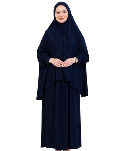 Prien Soft Prayer Dress For Women, Muslim Abaya Hijab Set, Long Turkish Cotton Praying Outfit, Islamic Clothes For Ramadan - color: Navy Blue