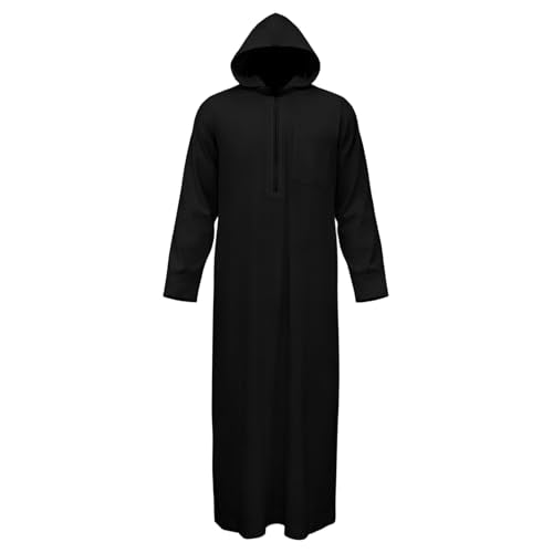 Mens Kaftan Thobe Casual Long Sleeve Zipped Hoodies Caftan Robe Muslim Gown Kurta Tops Arabic T Shirts with Pockets - color: Black, size: Large
