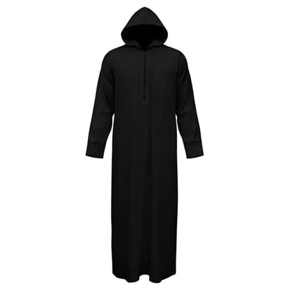 Mens Kaftan Thobe Casual Long Sleeve Zipped Hoodies Caftan Robe Muslim Gown Kurta Tops Arabic T Shirts with Pockets - color: Black, size: Large