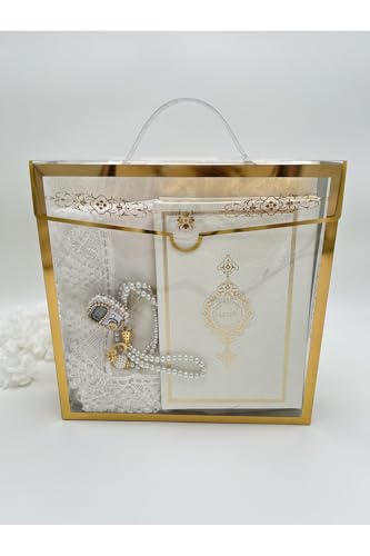 SODEF Quran Gift Set 5 Piece 5.5x7.9 in Boxed Bride Groom Dowry Set, Umrah Hajj Gift, Cream Color, Glass Material with Stone Accent - Cream