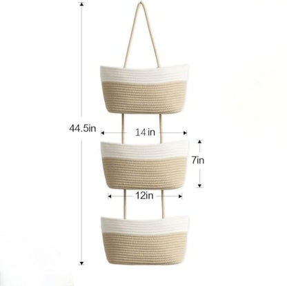 3-Tier Woven Cotton Rope Hanging Basket, Over the Door Organizer, Adjustable Detachable Wall Basket with Metal & Adhesive Hooks, No Drilling for Living Room, Nursery and Boho Bedroom Decor - style: White&Jute
