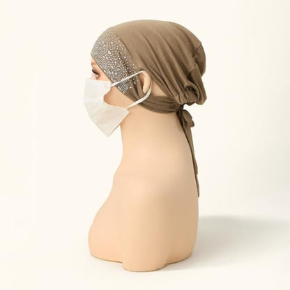 Muslim Hijab Undercap Rhinestone Embellished Turban Head Wrap for Women Jersey Inner Cap with Ear Holes - color: Coffee