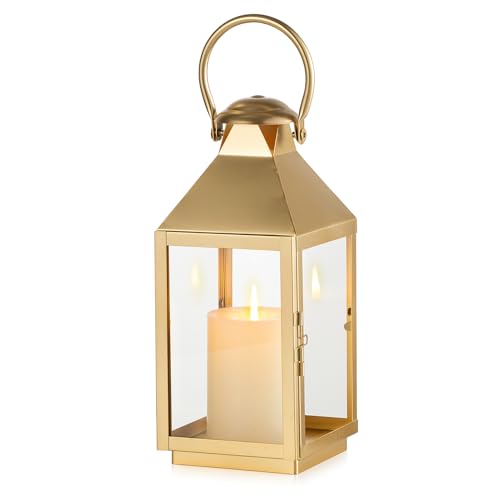 NUPTIO Gold Lanterns Decorative for Wedding: 11.2 Inch Tall Metal Lantern Decor with Glass - Outdoor Pillar Candle Holder for Table Centerpiece Dining Room Mantel Patio - color: Gold, size: Large