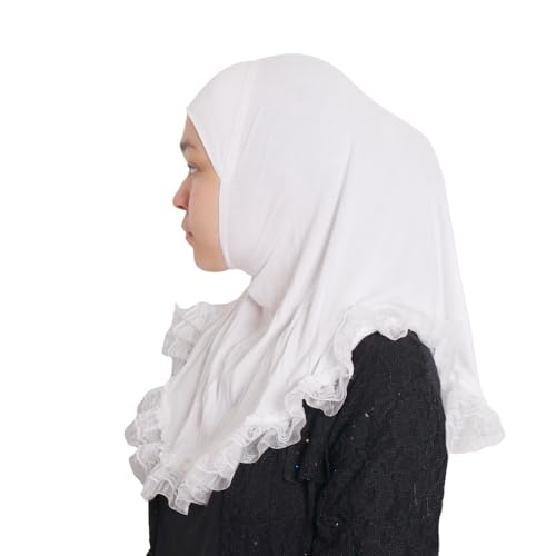 MuLanLegend Cotton Lace Hijab | Princess Nur | Girls Kids Instant Slip-on Scarf Sarong | Ligthweight and Comfortable - color: White