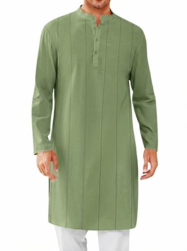 Runcati Mens Kaftan Thobe Button Down Henley Shirts Robe Long Sleeve Casual Cotton Pleated Muslim Gown Shirt - color: Army Green, size: XX-Large