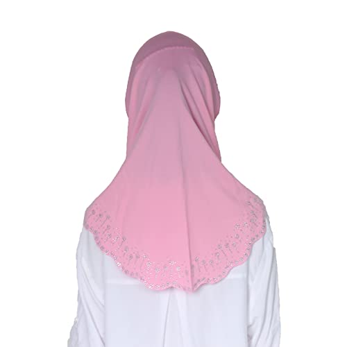 Girls Hijab with Rhinestones – Sparkly Non-Slip Amira Scarf for Kids, for Daily Prayer, School, Ramadan & Eid (Ages 4-12) - color: Pink-wavy Edge