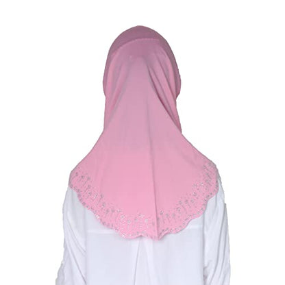 Girls Hijab with Rhinestones – Sparkly Non-Slip Amira Scarf for Kids, for Daily Prayer, School, Ramadan & Eid (Ages 4-12) - color: Pink-wavy Edge