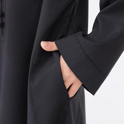 Kids Arabic Thobes for Boys Muslim Thobe Long Sleeve Kaftan Islamic Prayer Dress Kids Dubai Robe Burkas Ramadan Eid Outfit - color: Black, size: 3-4T