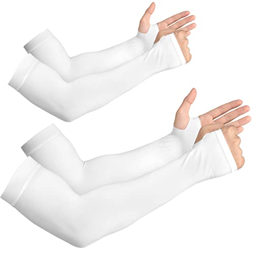 YESLIFE UV Sun Protection Arm Sleeves for Men & Women,UPF 50 Cooling Sports Sleeve - color: White - With Thumb Hole, size: 2 Pairs