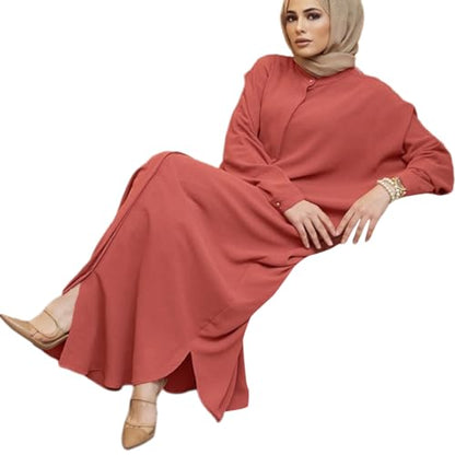 AWIBMK Women Abayas Dubai Kaftan Henley Shirt Prayer Maxi Dress Muslim Batwing Sleeve Ramadan Islamic Clothes - color: Brick Red