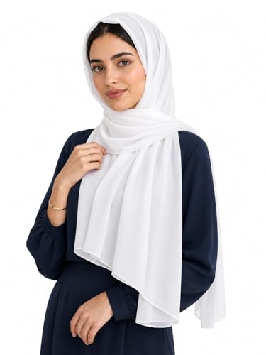 Women’s Chiffon Hijab Scarf - Heavyweight Solid Color Shawl & Wrap, Soft Breathable Headwrap for All Seasons - color: Mcgjxfs2604-white
