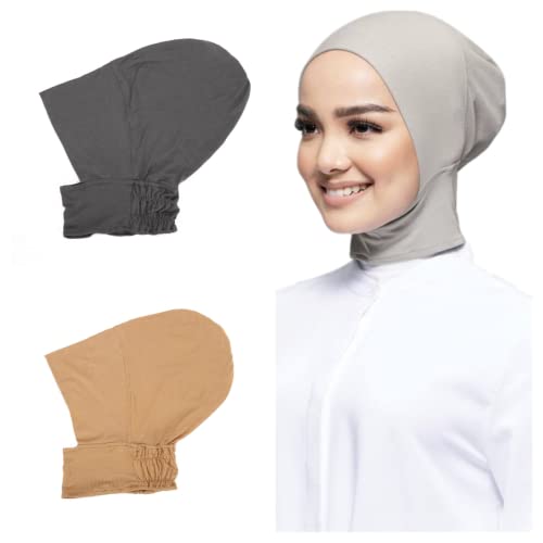 2 Pieces Jersey Muslim Inner Cap Stretch Turban Hijab Islamic Underscarf Bonnet Head Wear Neck Cover - color: Grey+yellow
