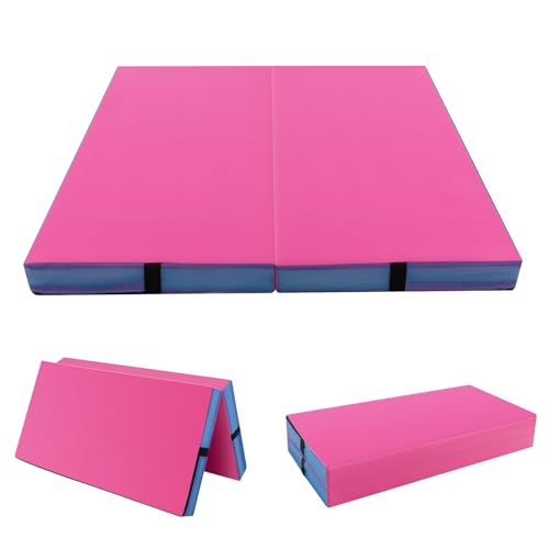 Giantex 4" Thick Folding Gymnastics Mat, 4' x 4' Bio-Folding Exercise Mat with Carry Handles & PU Leather Cover, Gym Home Tumbling Mat for Kids, Yoga, Fitness, Pilates & Martial Arts - color: Pink