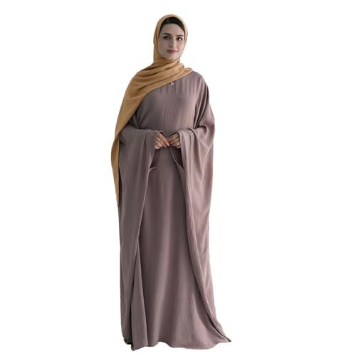 Abaya Muslim Women Dress Batwing Sleeve Loose Maxi Modest Islamic Clothes Prayer Dress with Hijab Scarf - color: Gray Lilac
