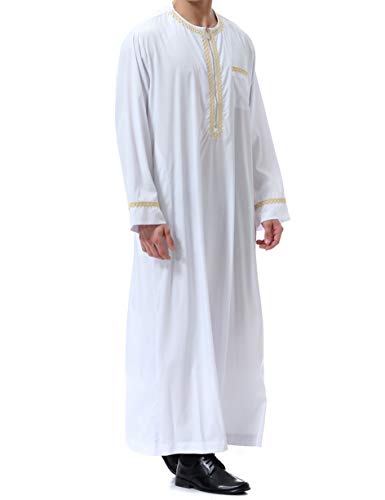 Islamic Mens Clothing Kaftan Maxi-Muslim Male Shirt Long Sleeve Abaya Dubai Cotton… - color: White, size: XX-Large
