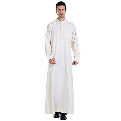 Men Arabic Long Sleeve Pure Color Thobe Crew Stand Collar Kaftan Robe with Button - color: Beige, size: 3X-Large