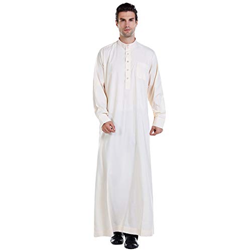 Islamic Mens Clothing Kaftan Maxi-Muslim Male Shirt Long Sleeve Abaya Dubai Cotton… - color: Beige-a, size: Small