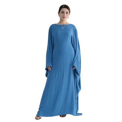 Abaya Muslim Women Dress Batwing Sleeve Loose Maxi Modest Islamic Clothes Prayer Dress with Hijab Scarf - color: Blue