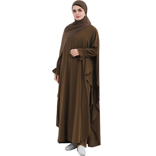 2PCS Women's Muslim Abaya Dress Lace Cuffs Islamic Dubai Prayer Robe Smooth Flowy Muslim Women Clothes - color: Coffee, size: Medium