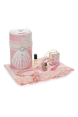 Bridal Gift Set - Mini Quran, Scarf, Essence Perfume, and Prayer Beads in Decorative Cylinder Box - Multicolor