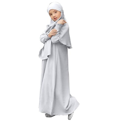 Muslim Dress for Baby Kids Girl Toddler Abaya Kaftan Prayer Long Sleeve Dress Dubai Ramadan Hijab Set Clothes - color: White, size: 11-12 Years