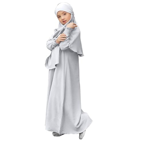 Muslim Dress for Baby Kids Girl Toddler Abaya Kaftan Prayer Long Sleeve Dress Dubai Ramadan Hijab Set Clothes - color: White, size: 7-8 Years