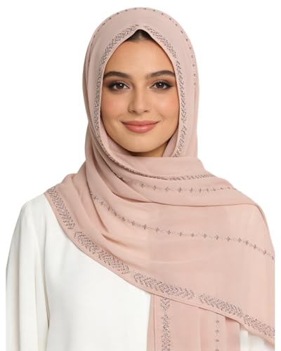 RARITYUS Sparkly Rhinestone Hijab Scarf for Women Silky Chiffon Instant Muslim Islamic Hijab Head Wrap Long Shawls - color: Pink
