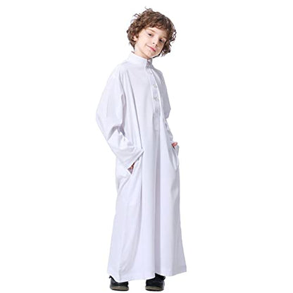Boy's Muslim Arab Islamic Kaftan Embroidered Robe Solid Color Thobe Islamic Arabic Abaya Ethnic Dress With Pockets - color: White Button, size: 5-6 Years