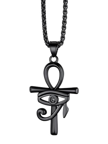 Richsteel Stainless Steel/Gold/Black Plated Ankh Cross Pendant Necklace for Men Women with Wheat Chain Religious Jewelry(with Gift Box) - color: 02-Black Eye