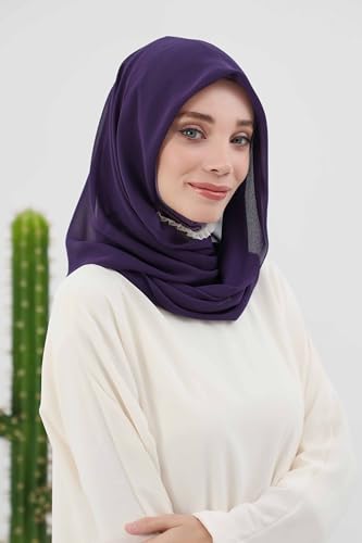Aisha's Design Pre-tied Cotton-Chiffon Scarf for Women Practical Veil Instant Scarf Hijab Stylish Design - color: Purple
