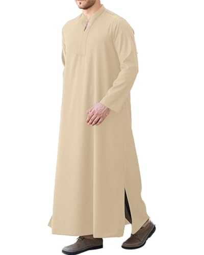 LVCBL Kaftan Thobe for Men Big And Tall Muslim Robe Mens Long Sleeve Caftan - color: Khaki, size: Medium