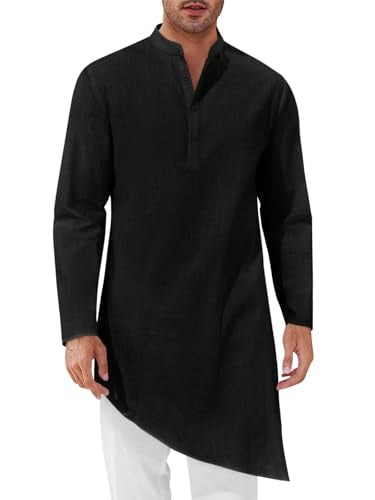 Runcati Mens Kaftan Robe Thobe Cotton Long Sleeve Henley Shirt Casual Muslim Gown Kurta Tops - color: Black, size: XX-Large