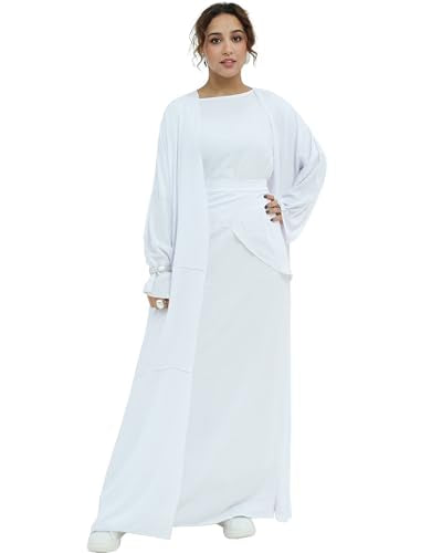 Abaya Muslim Prayer Dress Set Ramadan Open Front Islamic Clothing 3pcs Prayer Robe with Waist Apron Loose Flowy - color: White, size: Large