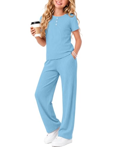 Girls 2 Piece Outfits Cotton Sets - color: Sky Blue, size: 7-8 Years