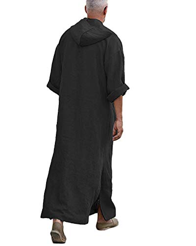 Jacansi Men's 65% Cotton 35% Linen Kaftan Thobe, Long Sleeve Casual Arabic Robe, Loose Long Gown with Pockets - color: 3# Black, size: Medium
