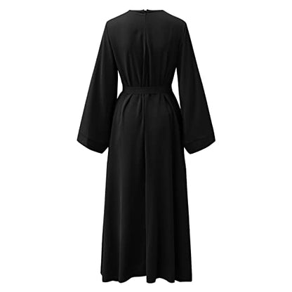 Prayer Dress for Women Muslim Long Sleeve A Line Elegant Maxi Dress Casual Wedding Party Maxi Dresses with Belt - color: Black, size: Medium