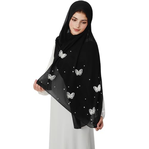 Muslim Prayer Hijab for Women Lightweight Pearl Chiffon Scarfs 3-D Butterfly Embroidery with Glitters Beads Islamic Hijab - color: Black