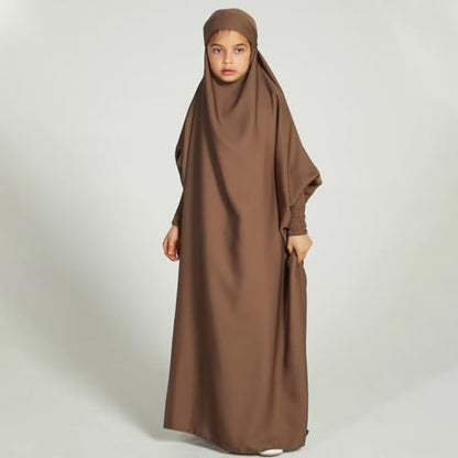 IWEMEK Kids Muslim Dress for Girls Hooded Abaya with Hijab Islamic Prayer Clothes Ramadan Full Cover Burka Jilbab Kaftan Robe - color: Coffee, size: 8-9 Years