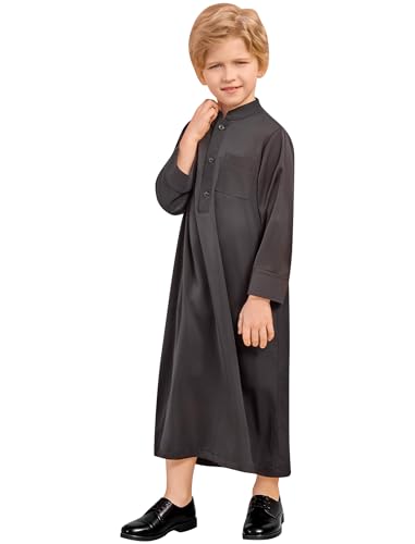 IWEMEK Kids Thobe for Muslim Boys Robe Eid Ramadan Kaftan Dubai Islamic Prayer Clothes Arabic Abaya Ethnic Dress with Pockets - color: Black, size: 8-9 Years
