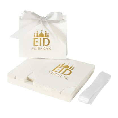 20 Pack Eid Party Favor Box, Eid Moon Candy Box, Ramadan Mubarak Party Goodie Box, DIY Eid Treat Paper Box with Ribbon Bow, Islam Muslim Wedding Festival Candy Box, Chocolate Cookie Souvenir Boxes for Eid Party Supplies Gold Castle Goodie Present Bag - co