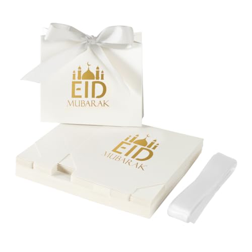20 Pack Eid Party Favor Box, Eid Moon Candy Box, Ramadan Mubarak Party Goodie Box, DIY Eid Treat Paper Box with Ribbon Bow, Islam Muslim Wedding Festival Candy Box, Chocolate Cookie Souvenir Boxes for Eid Party Supplies Gold Castle Goodie Present Bag - co