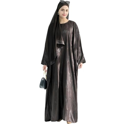 khalat Abaya Muslim Dress Women Satin Jacquard Prayer Dress Batwing Long Sleeve Islamic Dubai Robe with Chiffon Hijab - color: Coffee