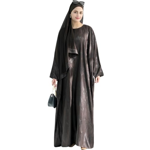 khalat Abaya Muslim Dress Women Satin Jacquard Prayer Dress Batwing Long Sleeve Islamic Dubai Robe with Chiffon Hijab - color: Coffee