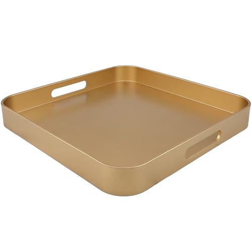Gold Square Decorative Tray with Handles, 13"*13" Versatile Serving Tray for Coffee Table, Ottoman, Ideal for Serving, Displaying, Organizing - color: Gold, size: 13" x 13" x 1.6"