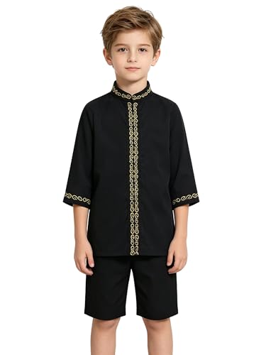 JEATHA Kids Muslim Clothing Thobe with Shorts Sets Saudi Arabic Dubai Outfits for Casual Daily Wear Breathable - color: Black, size: 3-4