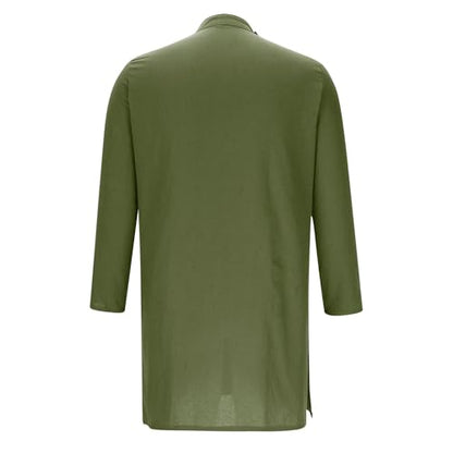 Mens Kaftan Thobe Long Sleeve Stand Collar Side Button Robe Gown Casual Loose Split Cotton Linen Muslim Shirts Top - color: Army Green, size: 3X-Large