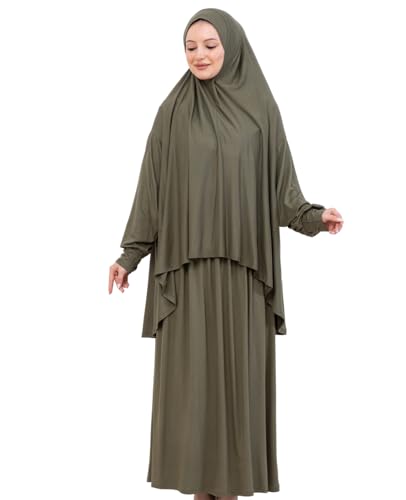 Prien Soft Prayer Dress For Women, Muslim Abaya Hijab Set, Long Turkish Cotton Praying Outfit, Islamic Clothes For Ramadan - color: Khaki